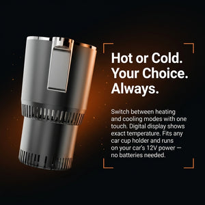 Portable heating and cooling device with text on a dark background