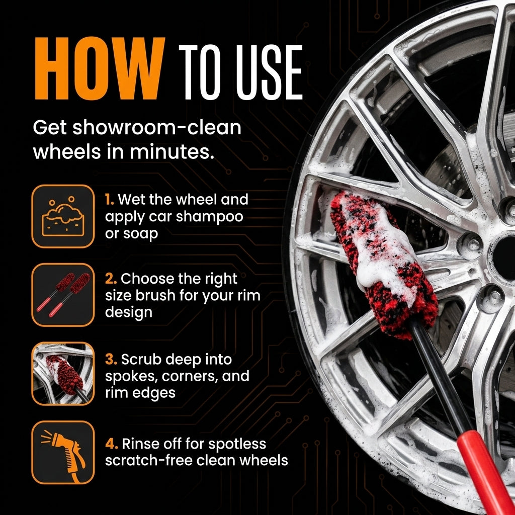 Instructions on how to clean car wheels with a brush, shown on a black background.
