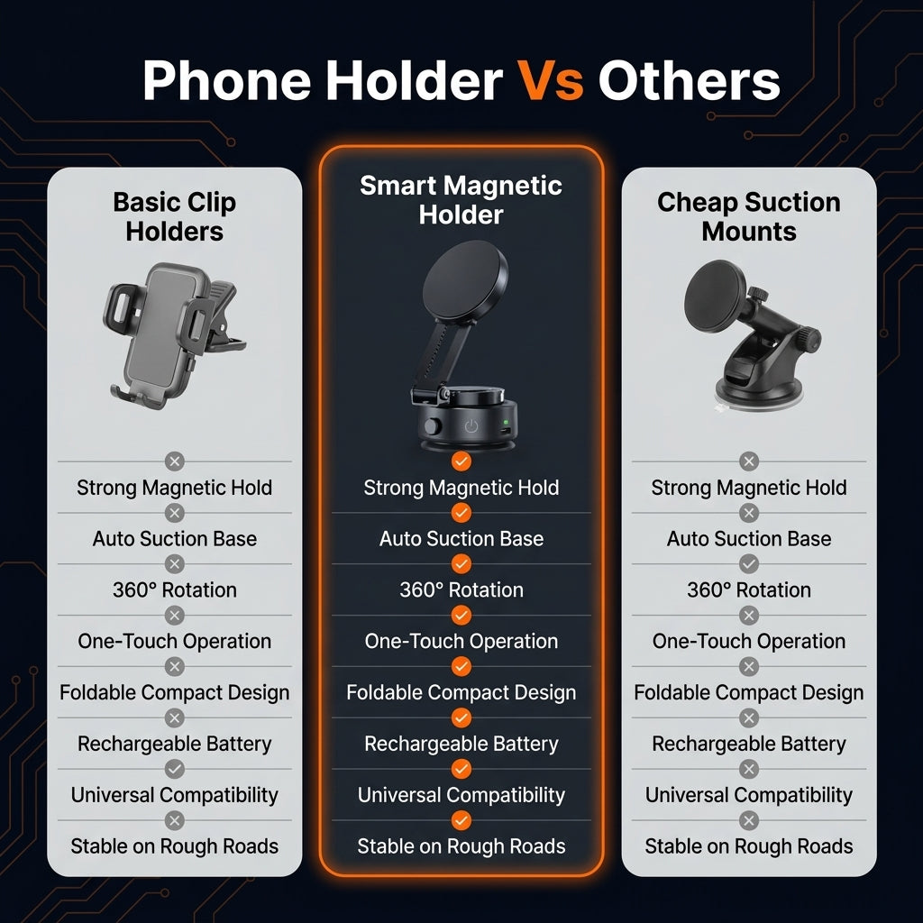 Comparison chart of phone holders with smart magnetic holder highlighted