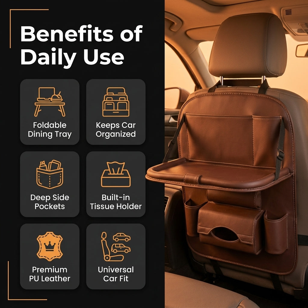 Brown car organizer with features listed on a black background
