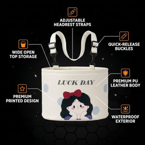 Children's bag with cartoon design and features highlighted on a black background