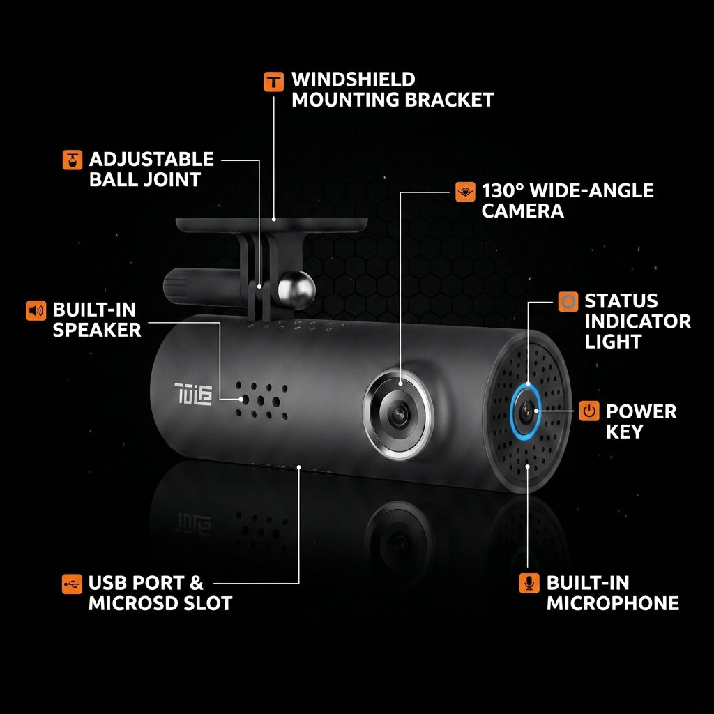 Car dashboard camera with labeled features on a black background