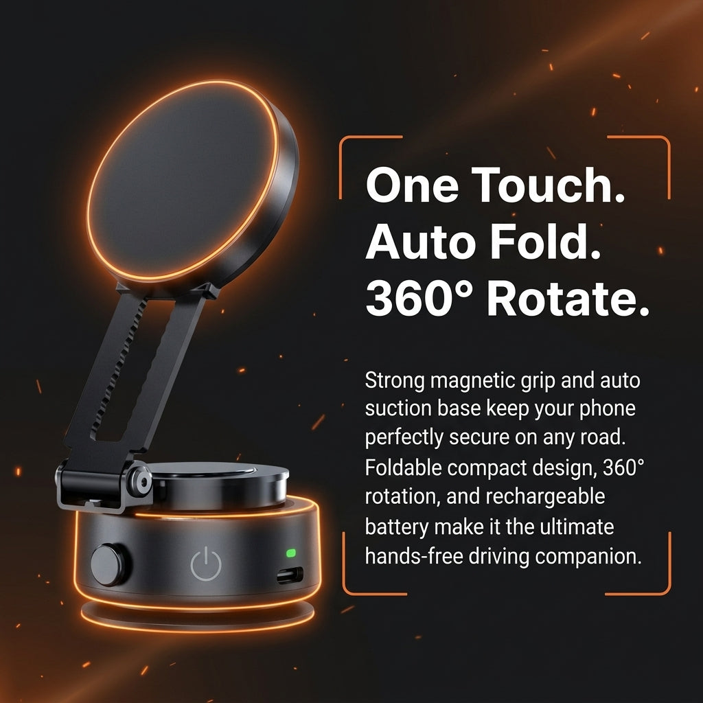 Phone holder with magnetic grip and auto-suction base on a dark background