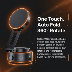 Phone holder with magnetic grip and auto-suction base on a dark background