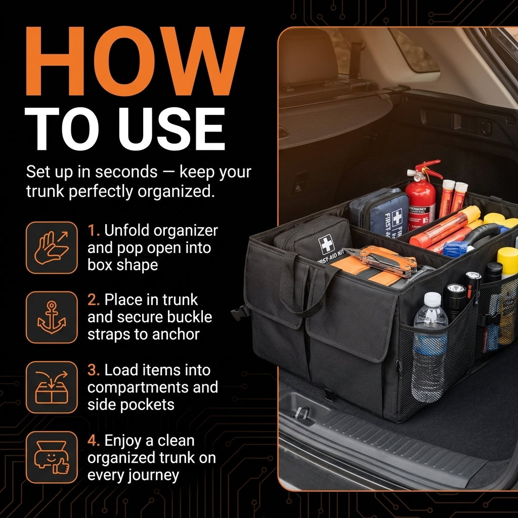 Car trunk organizer with instructions on how to use it, showing items neatly arranged inside.