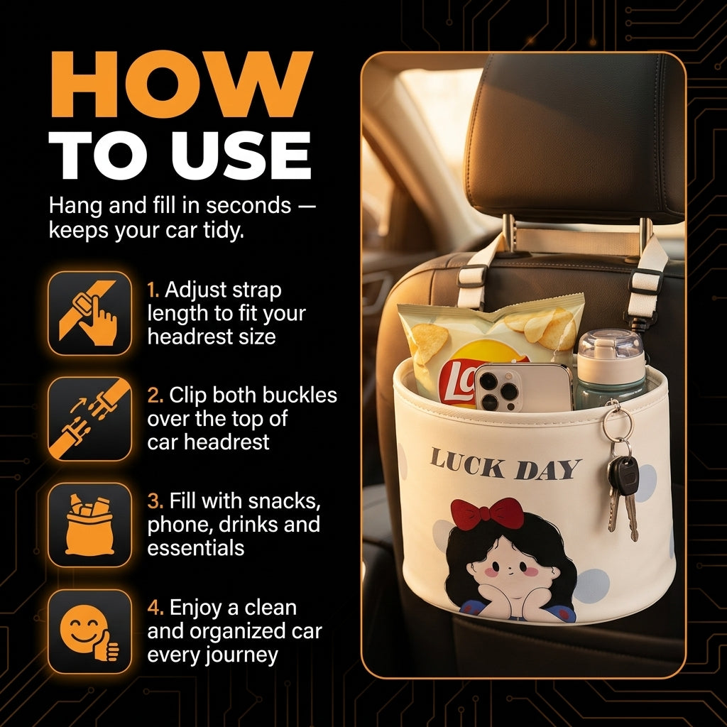 Car headrest organizer with cartoon character design, showing how to use it and its contents.