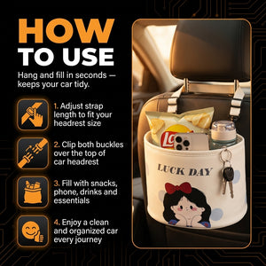 Car headrest organizer with cartoon character design, showing how to use it and its contents.