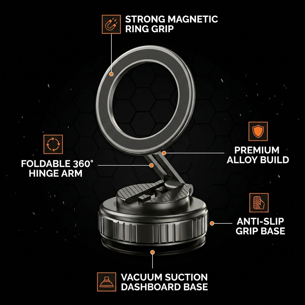 Phone holder with features highlighted on a black background