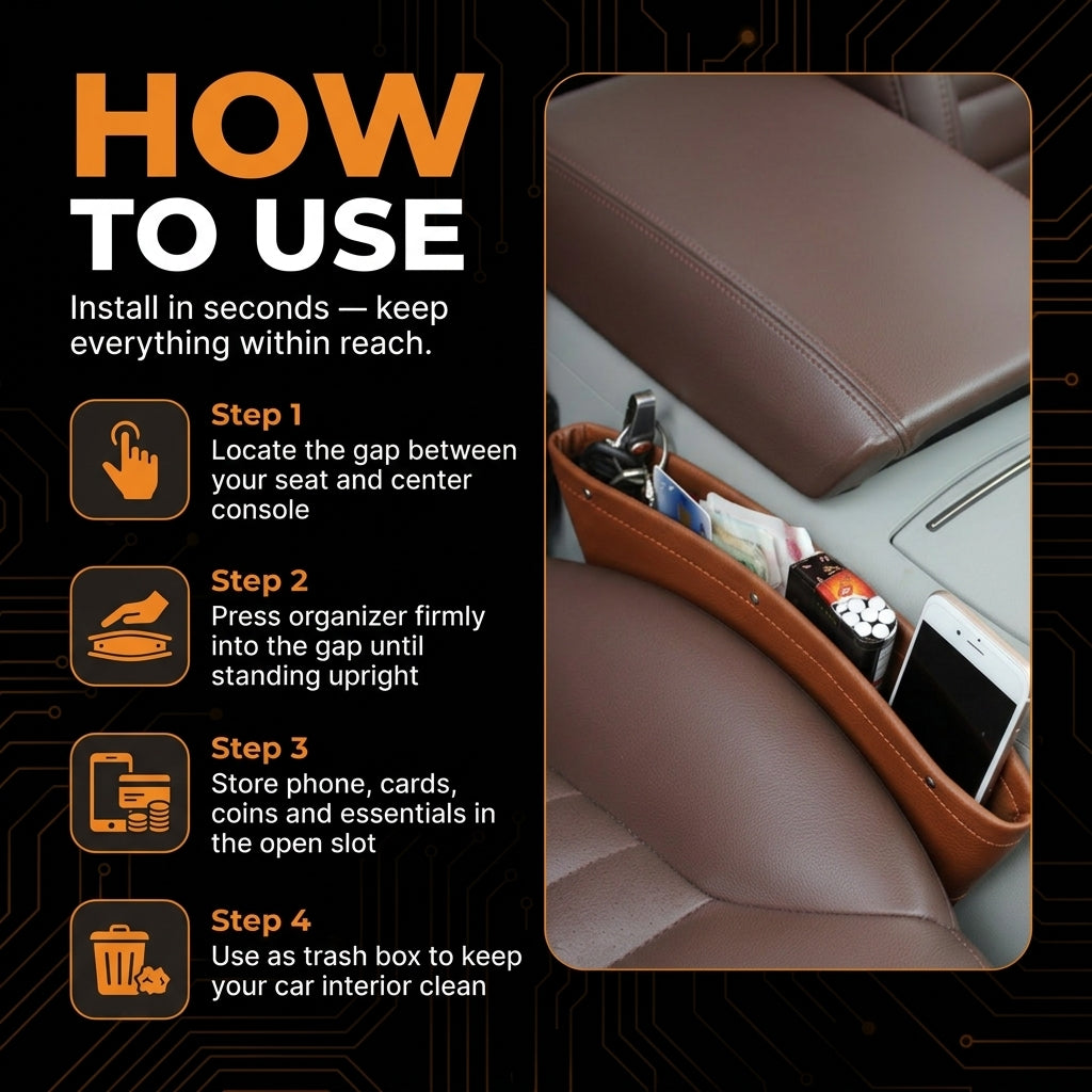 Car organizer with usage instructions on a black background