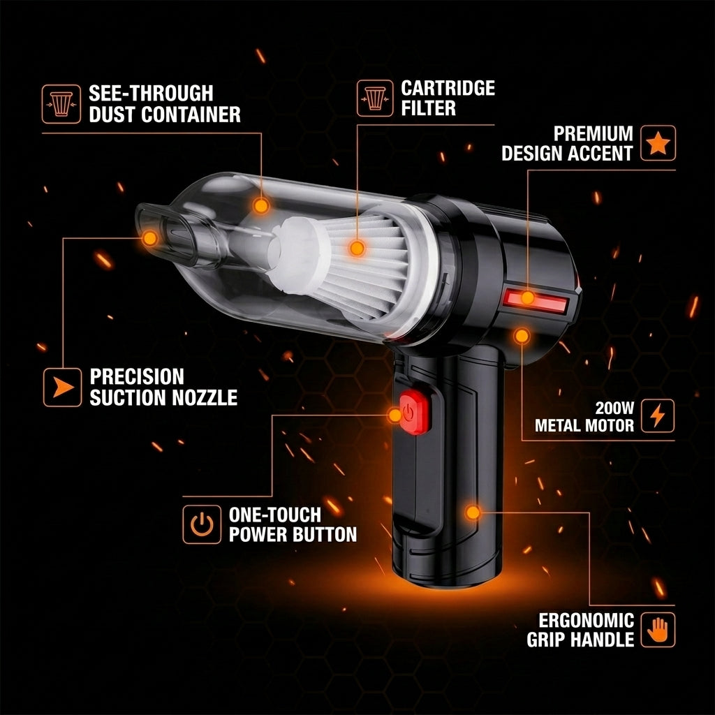Black handheld vacuum cleaner with features highlighted on a dark background