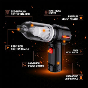 Black handheld vacuum cleaner with features highlighted on a dark background
