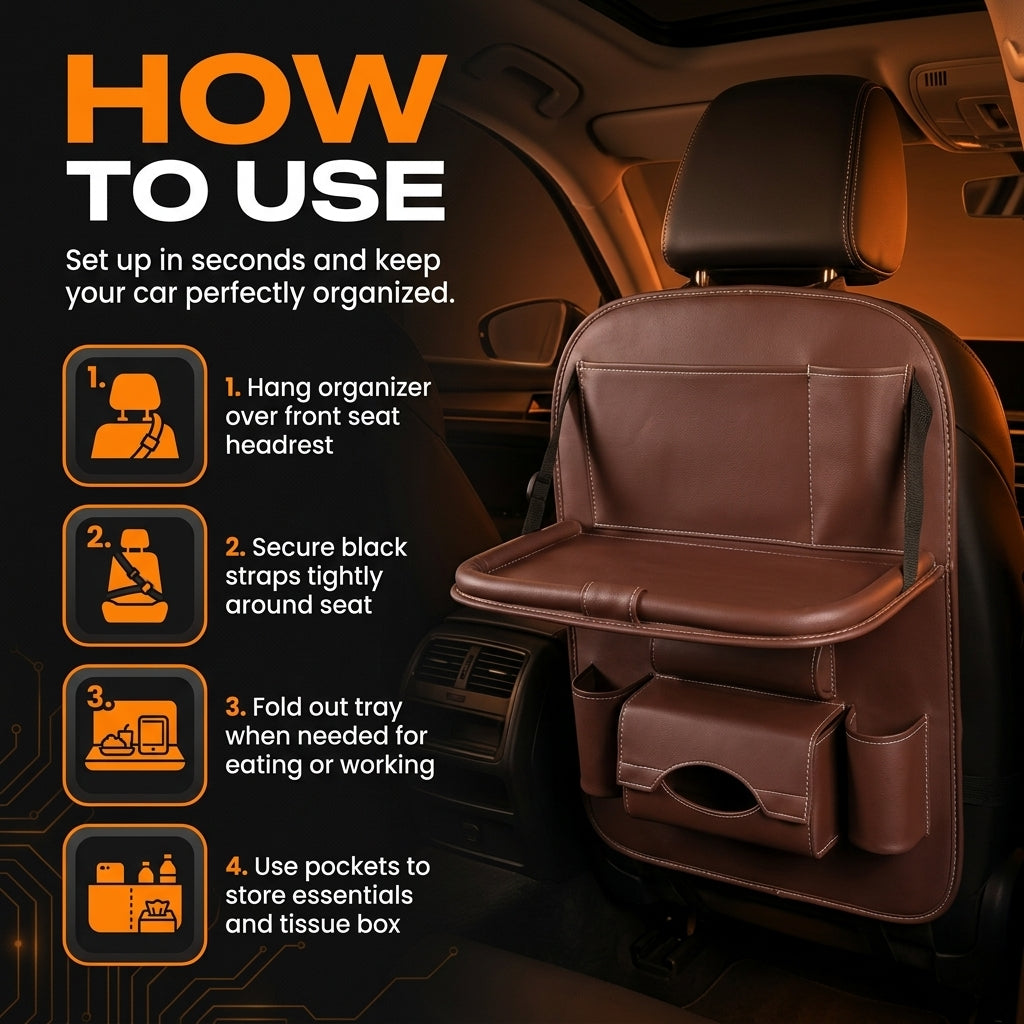 Car organizer with instructions on how to use it, placed inside a car.
