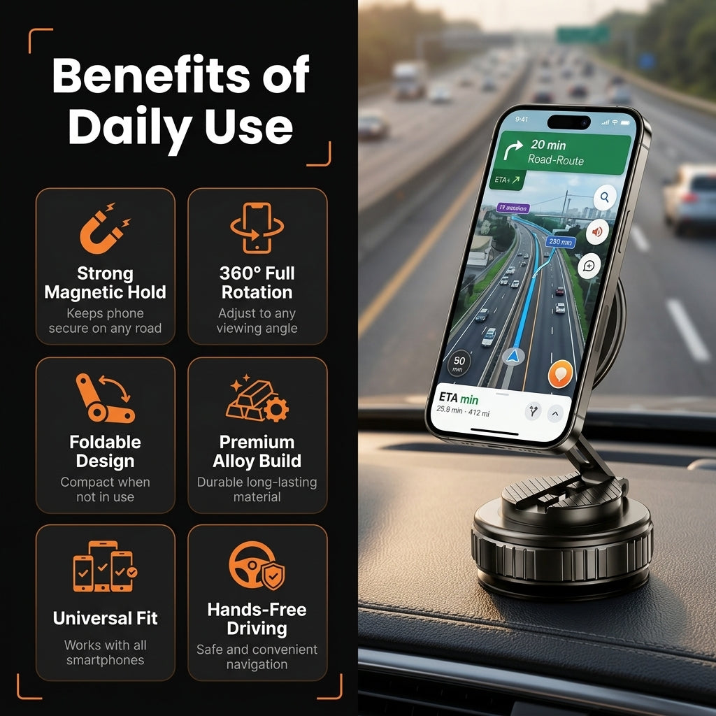 Phone holder with navigation app on a car dashboard, showing benefits on the left.