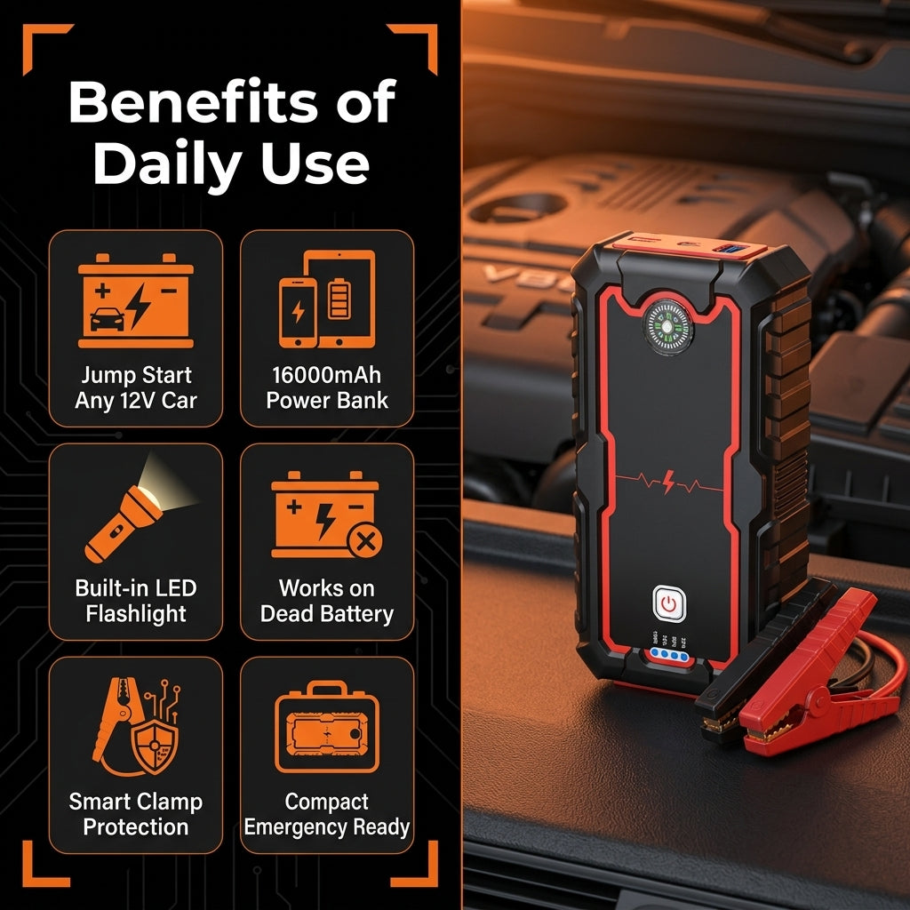 Car jump starter with features listed on a black background