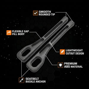 Gray seatbelt buckle anchor with features highlighted on a black background