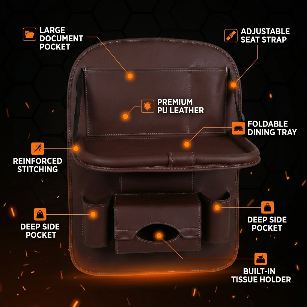 Brown leather car seat cover with features highlighted on a dark background