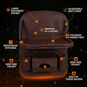 Brown leather car seat cover with features highlighted on a dark background