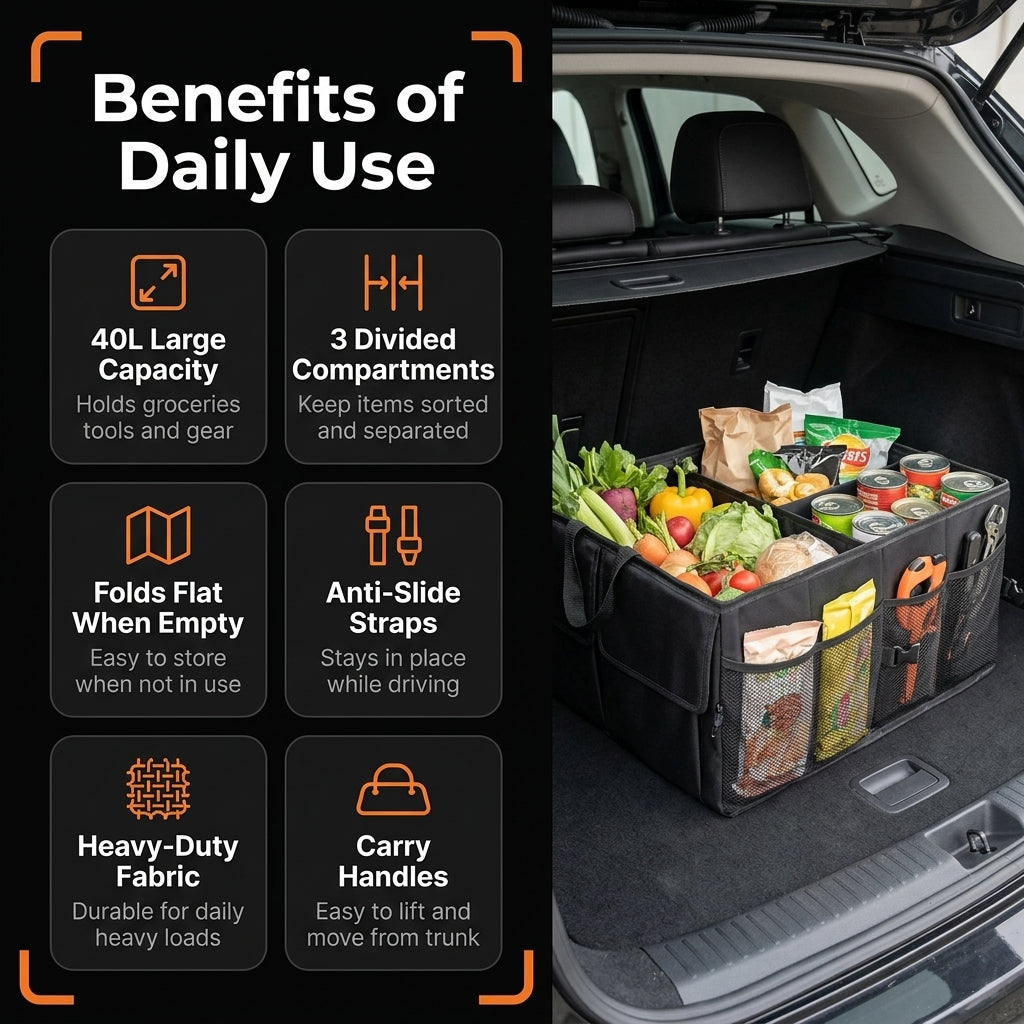 Car trunk organizer with benefits listed on a black background
