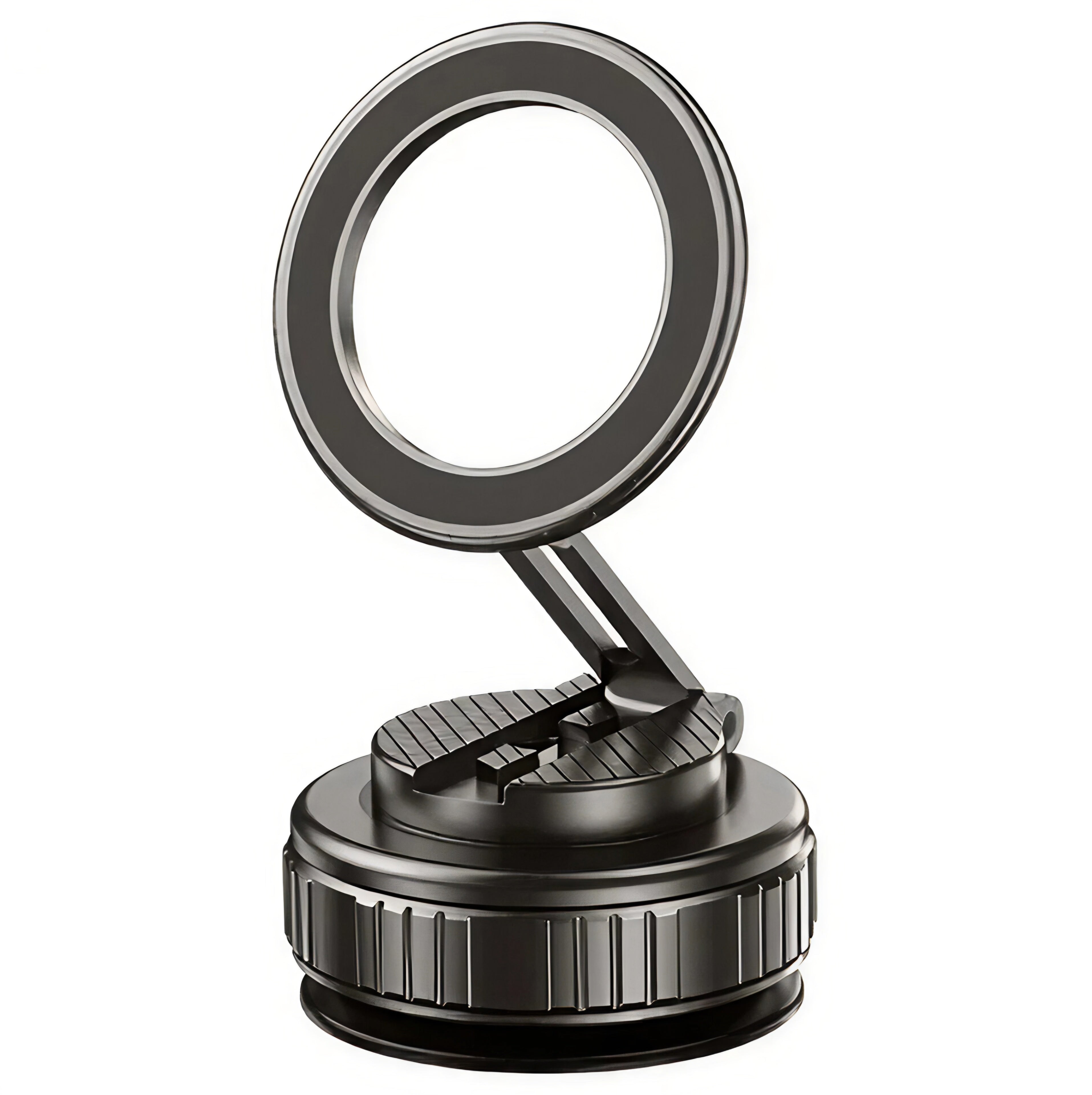 Black ring light with adjustable stand on a white background