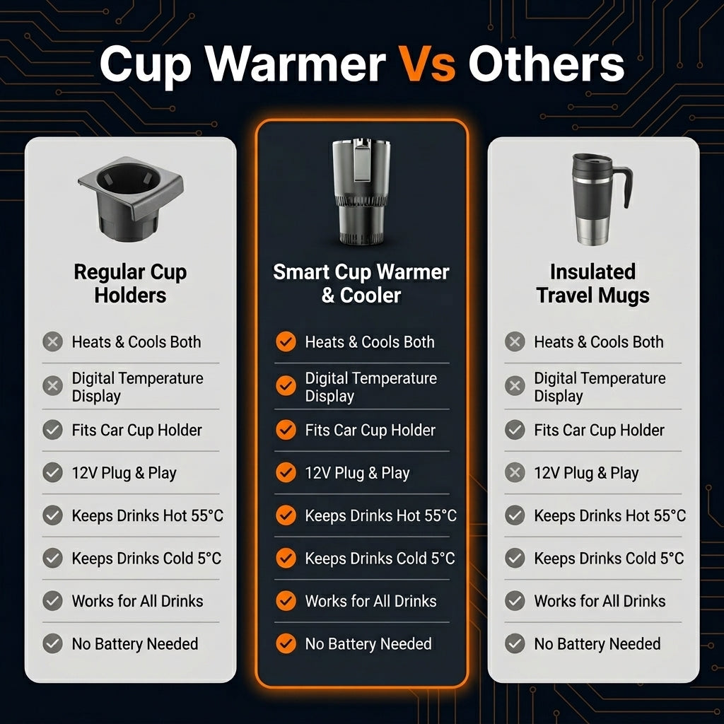 Comparison chart of regular cup holders, smart cup warmers & coolers, and insulated travel mugs on a dark background.