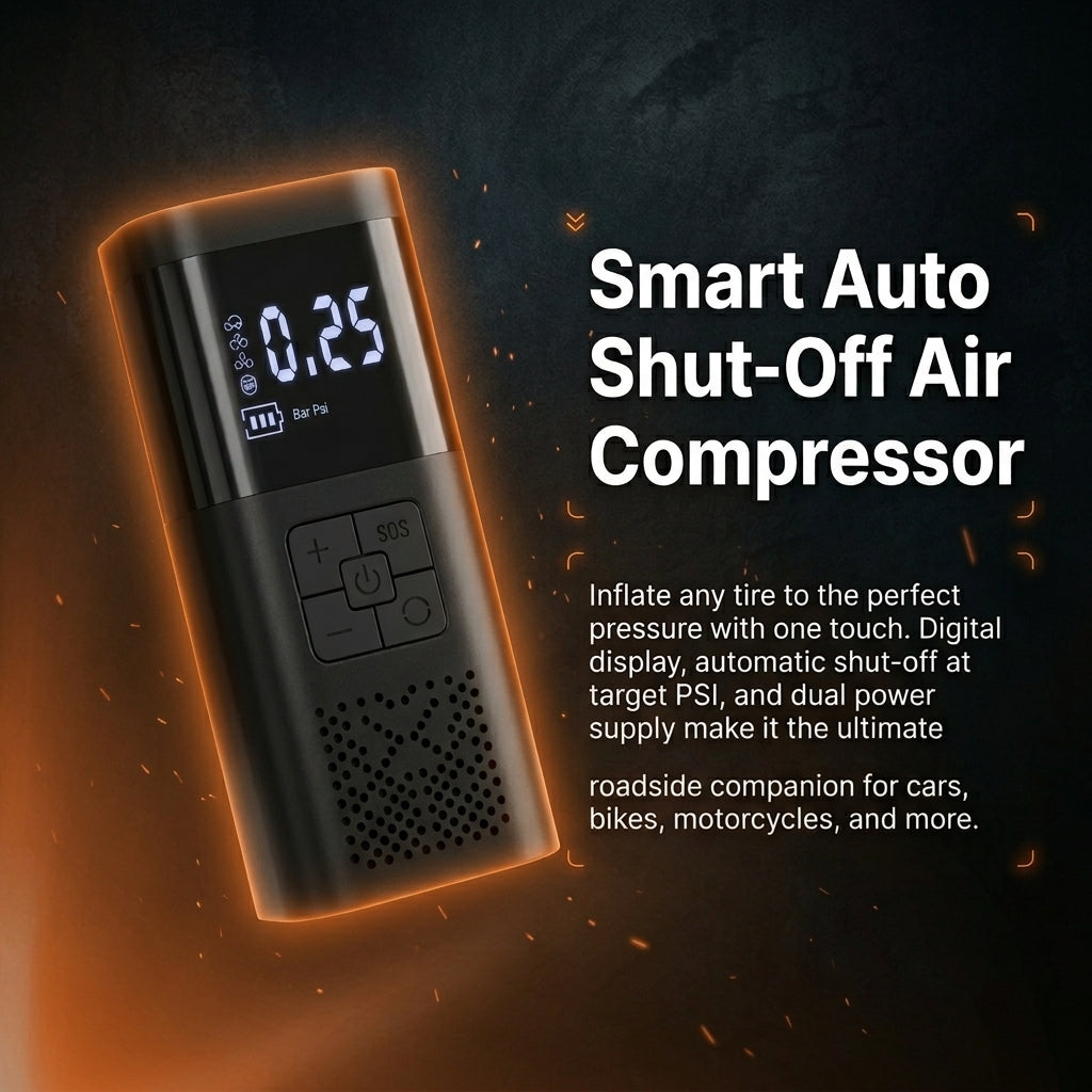 Smart auto shut-off air compressor with digital display on a dark background