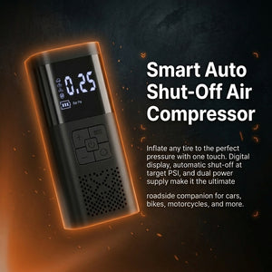 Smart auto shut-off air compressor with digital display on a dark background