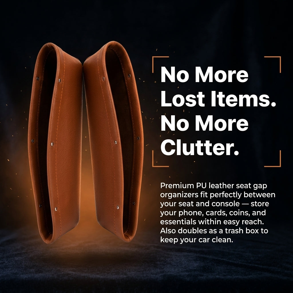 Brown leather seat gap organizers with text on a dark background