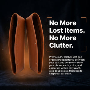 Brown leather seat gap organizers with text on a dark background