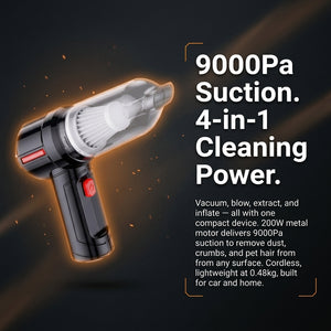 Compact cleaning device with text highlighting suction power and features on a dark background