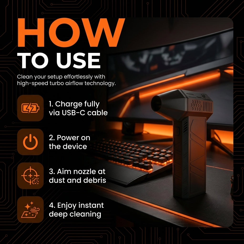 Cleaning device for computer setup with USB-C cable and power on instructions.