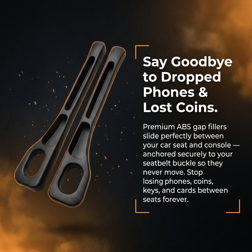 Two black car seat gap fillers with promotional text on a dark background