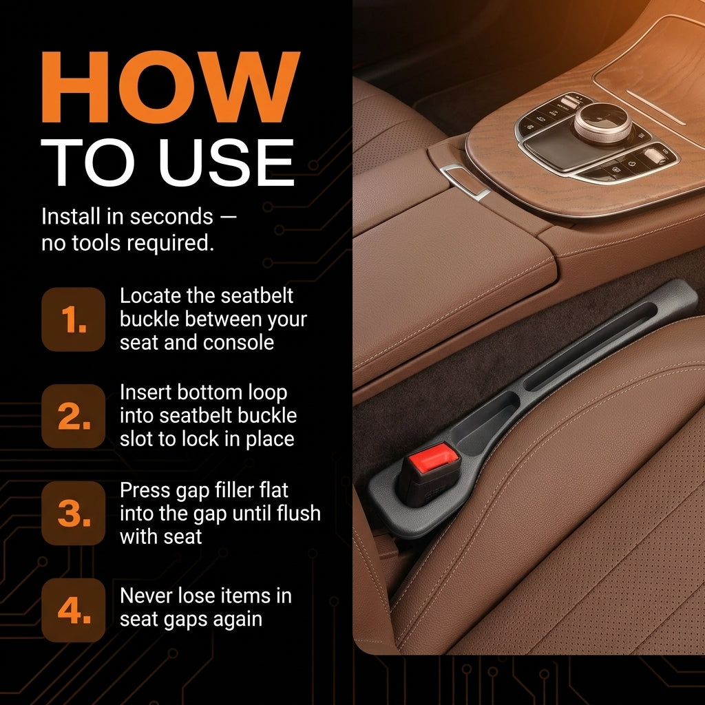 Car seat gap filler installation guide with text and visual of product use.