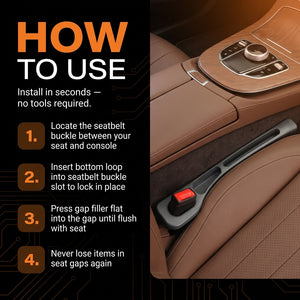 Car seat gap filler installation guide with text and visual of product use.
