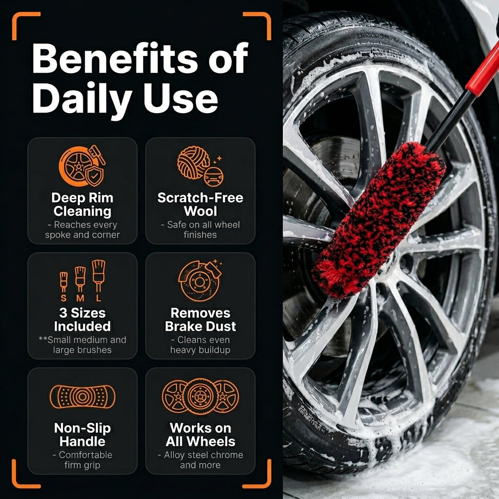 Car cleaning tool with benefits listed on a black background